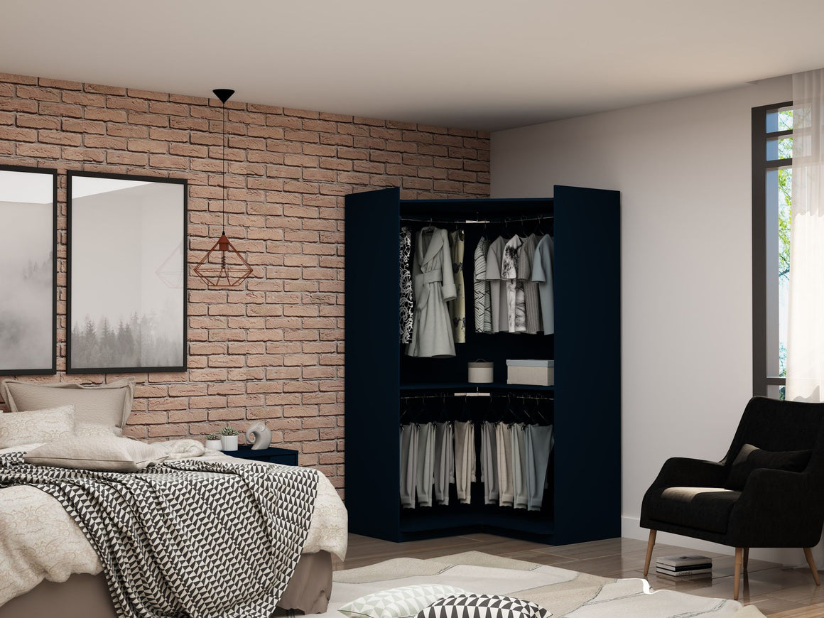 Mulberry Modern Open Corner Closet with 2 Hanging Rods in Tatiana Midnight Blue