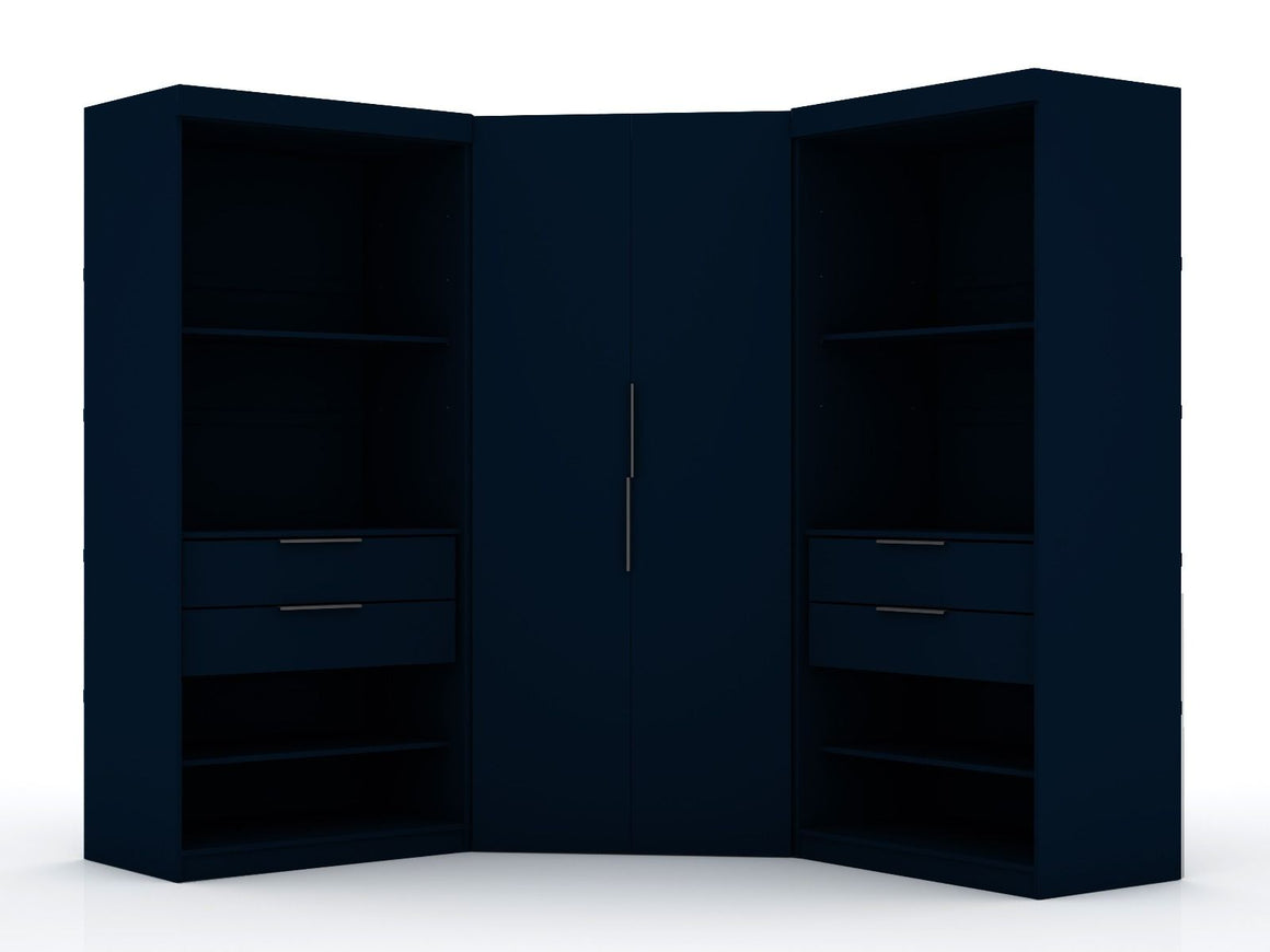 Mulberry 2.0 Semi Open 3 Sectional Modern Wardrobe Corner Closet with 4 Drawers - Set of 3 in Tatiana Midnight Blue
