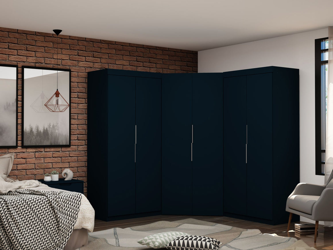 Mulberry 3.0 Sectional Modern Wardrobe Corner Closet with 4 Drawers - Set of 3 in Tatiana Midnight Blue