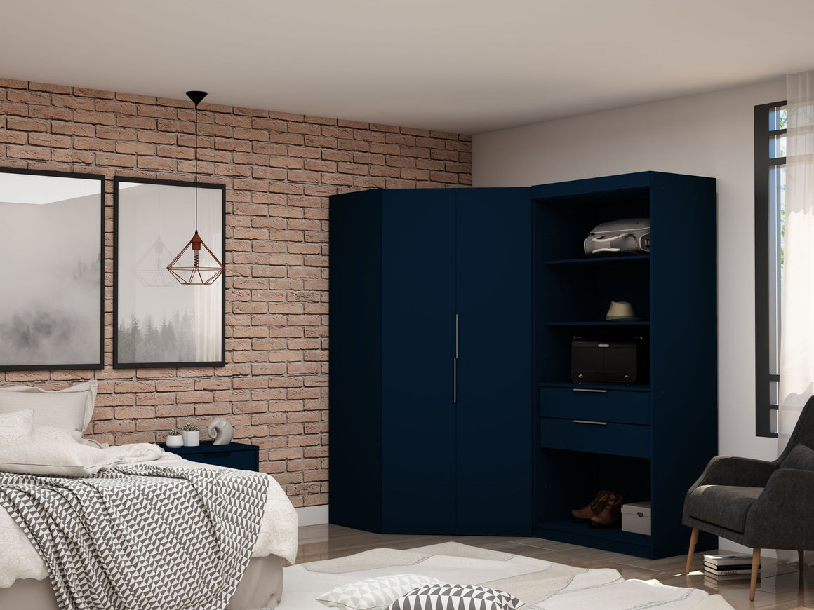 Mulberry 2.0 Semi Open 2 Sectional Modern Wardrobe Corner Closet with 2 Drawers - Set of 2 in Tatiana Midnight Blue
