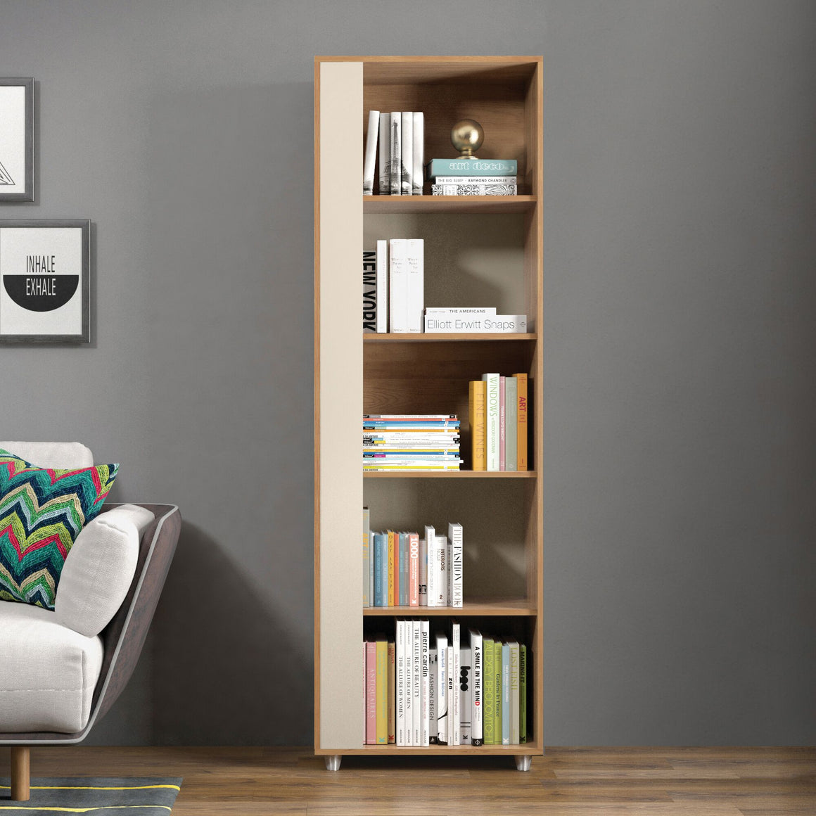 Cypress Mid-Century- Modern Bookcase with 5 Shelves in Nature and Off White