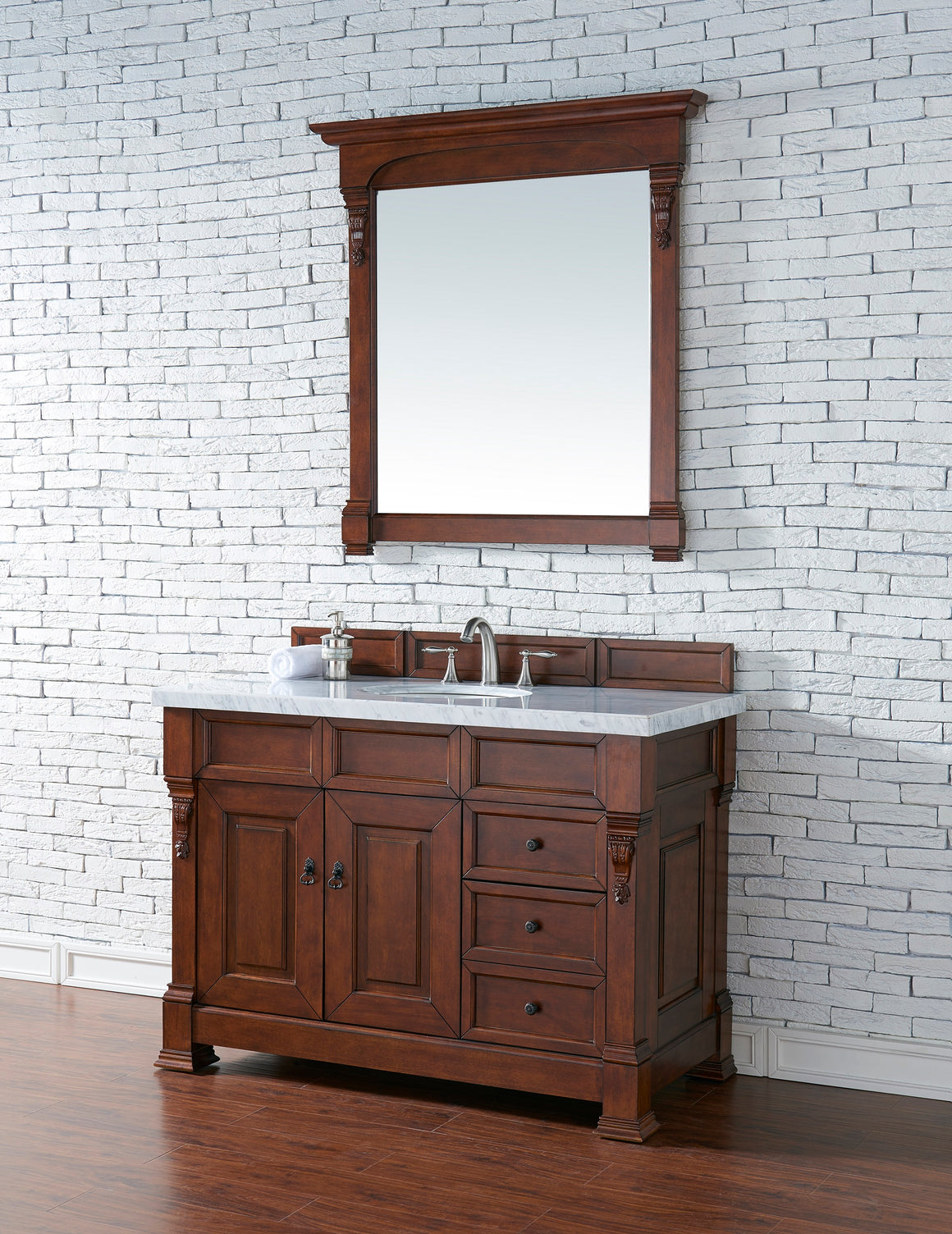 Brookfield 48" Warm Cherry Single Vanity w/ Drawers with 3 CM Carrara Marble Top