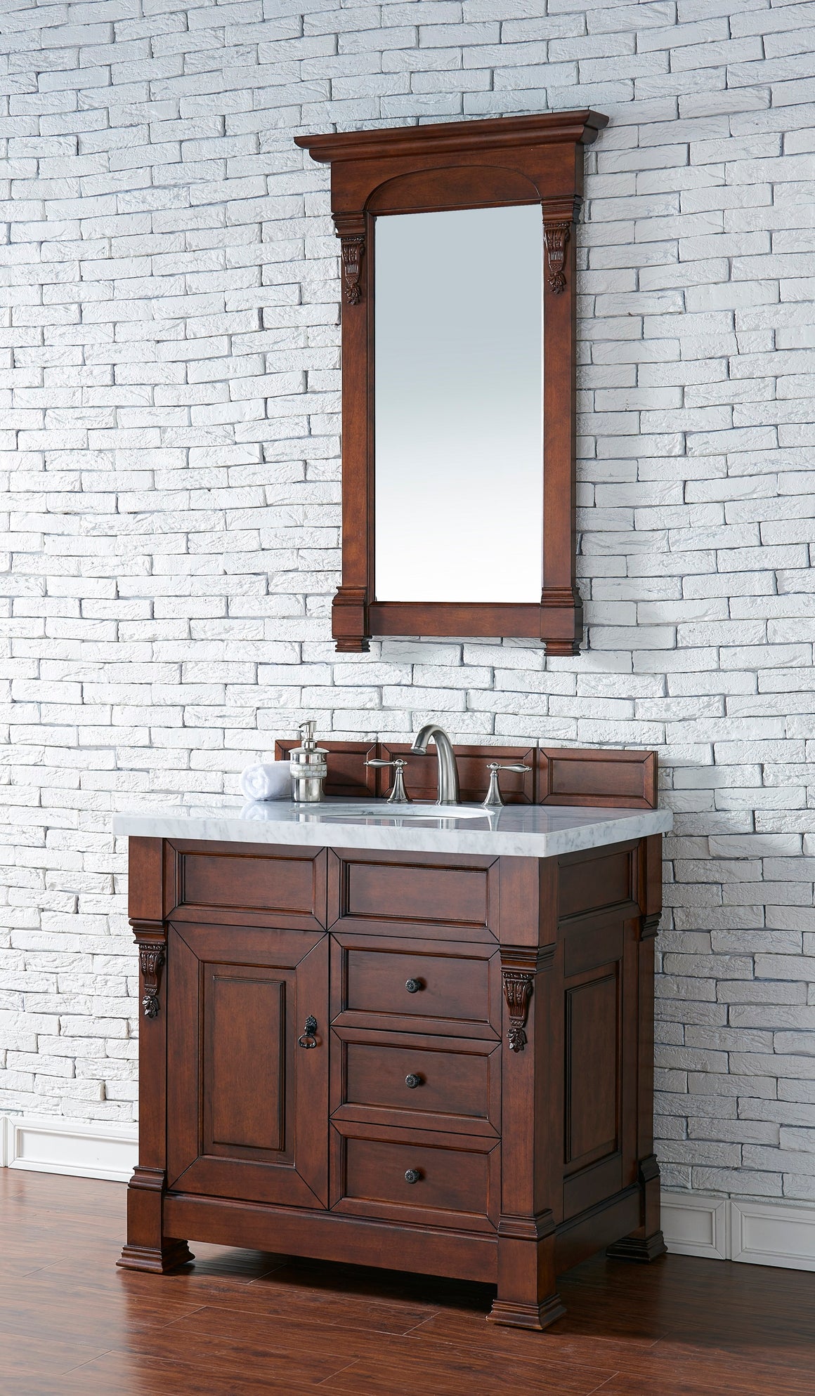 Brookfield 36" Warm Cherry Single Vanity w/ Drawers with 3 CM Carrara Marble Top