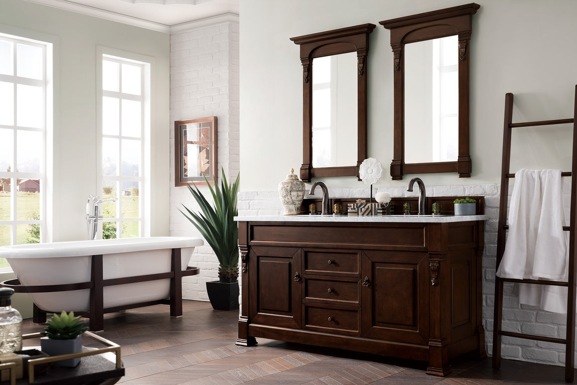 Brookfield 60" Burnished Mahogany Double Vanity with 3 CM Carrara Marble Top