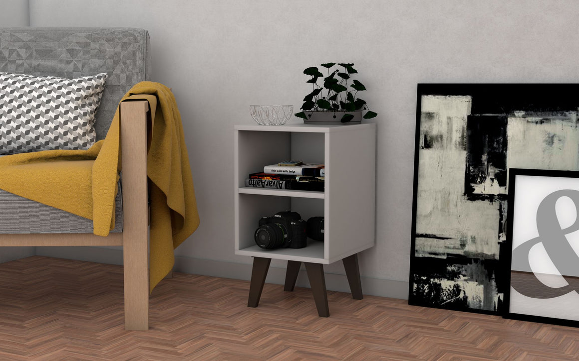 Mid-Century- Modern Amsterdam Nightstand 2.0 with 2 Shelves in White