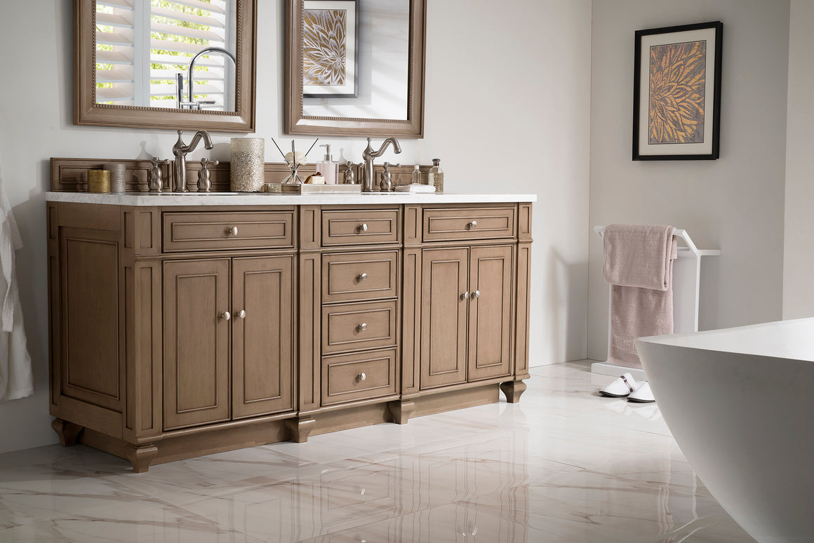 Bristol 72" Double Vanity, White Washed Walnut with 3 CM Carrara Marble Top