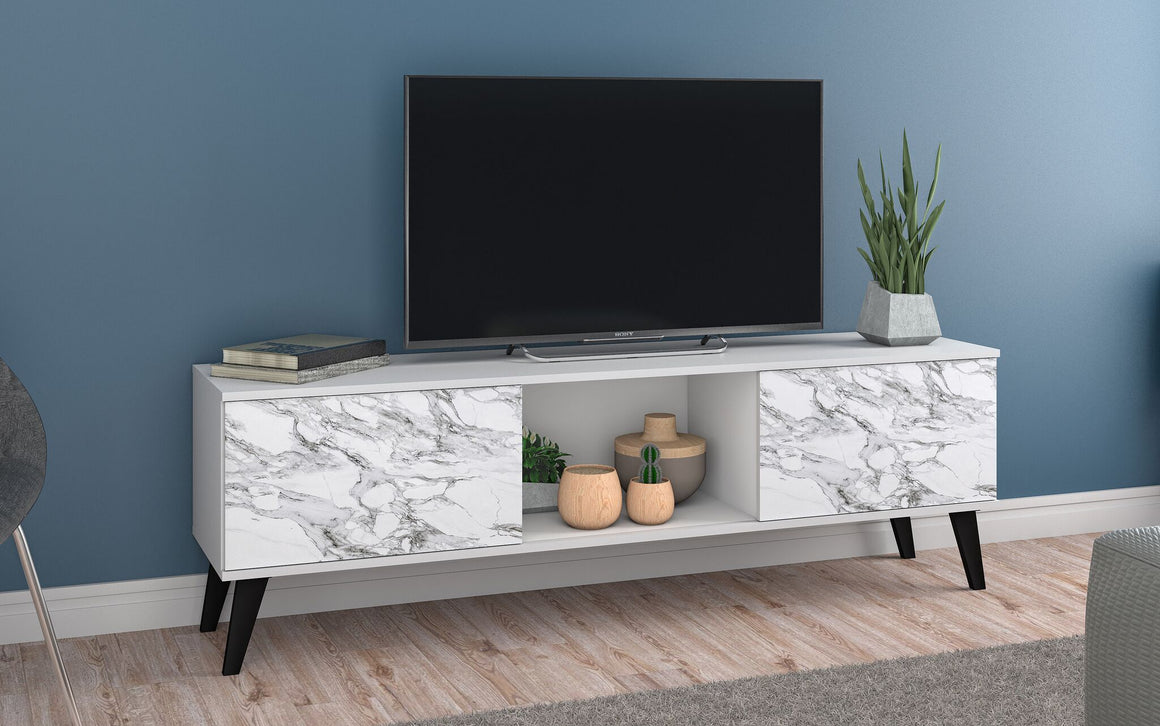 Doyers 62.20 Mid-Century Modern TV Stand in White and Marble Stamp