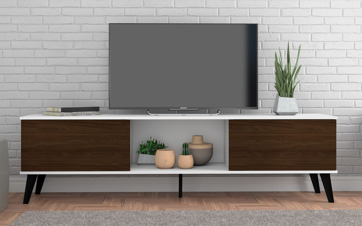 Doyers 70.87 Mid-Century Modern TV Stand in White and Nut Brown