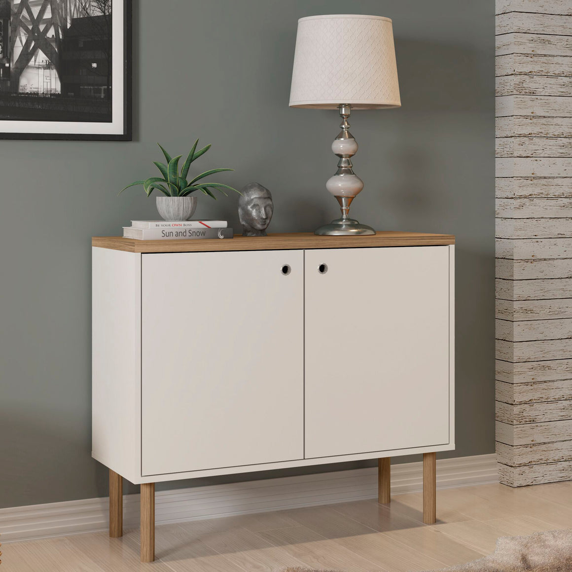 Windsor 35.43 Modern Accent Cabinet with Solid Top board and Legs in Off White and Nature