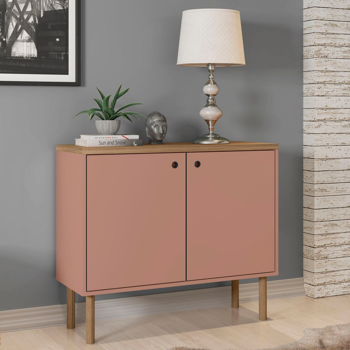 Windsor 35.43 Modern Accent Cabinet with Solid Top board and Legs in Ceramic Pink and Nature