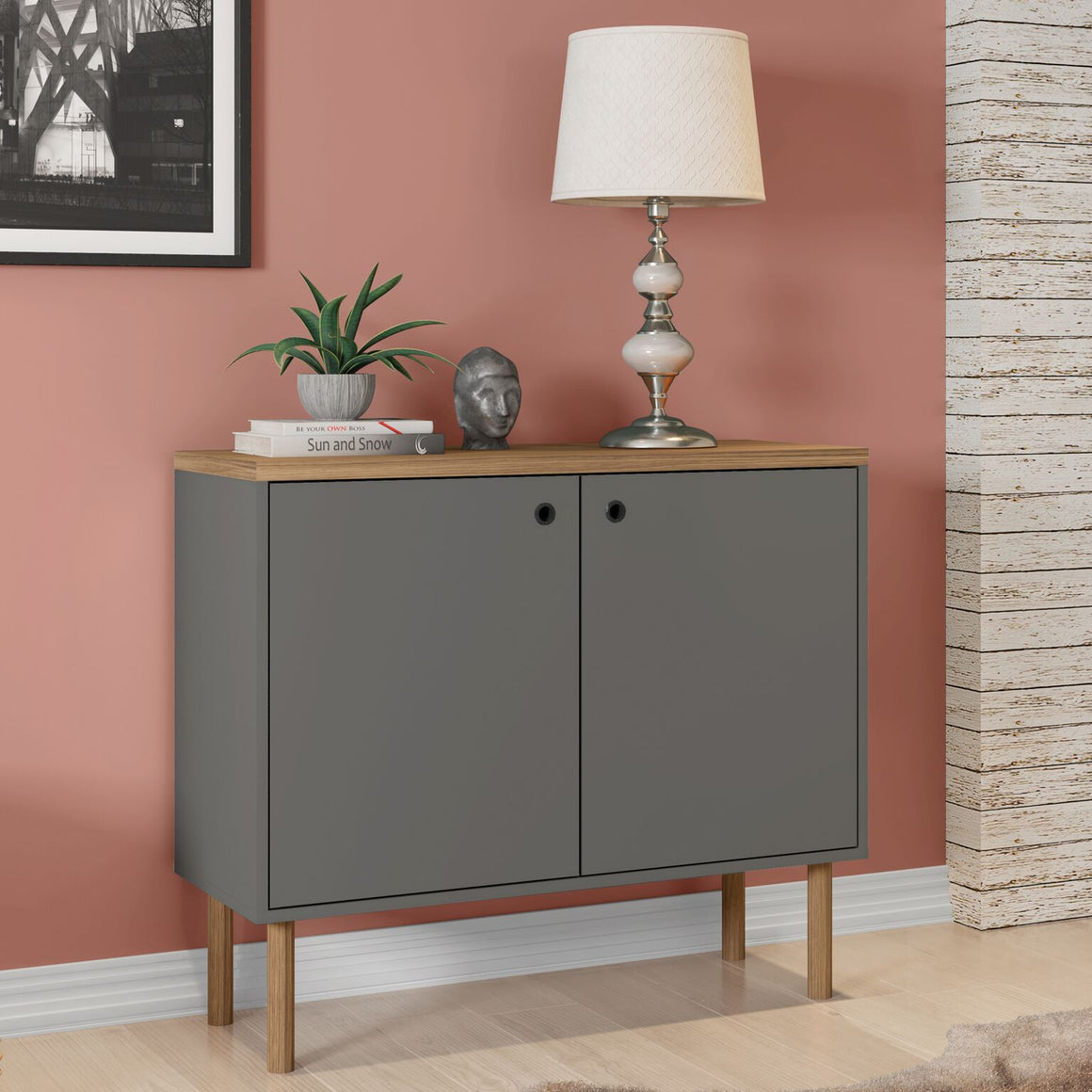 Windsor 35.43 Modern Accent Cabinet with Solid Top board and Legs in Grey and Nature