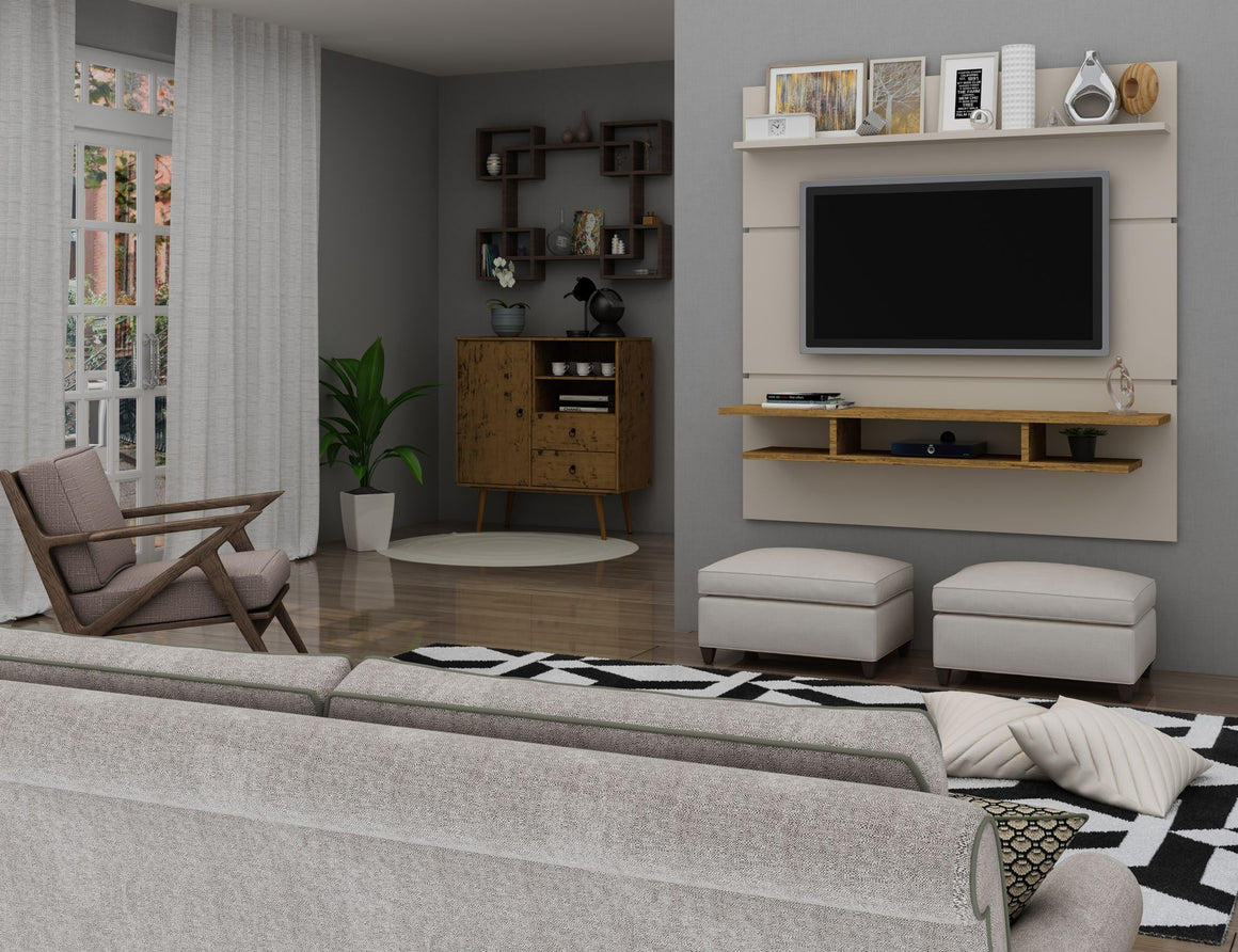 Tribeca 62.99 Mid-Century Modern Floating Entertainment Center with Décor Shelves in Off White and Nature