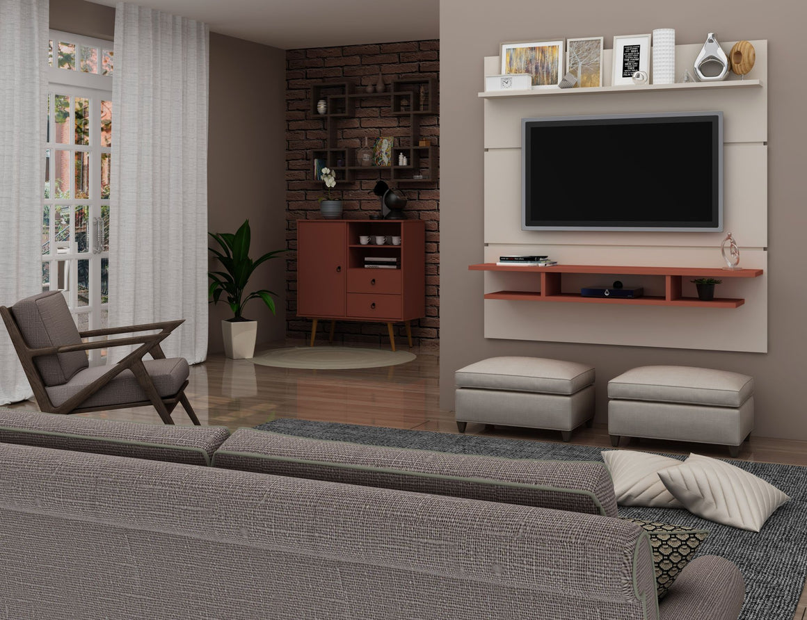 Tribeca 62.99 Mid-Century Modern Floating Entertainment Center with Décor Shelves in Off White and Terra Orange Pink