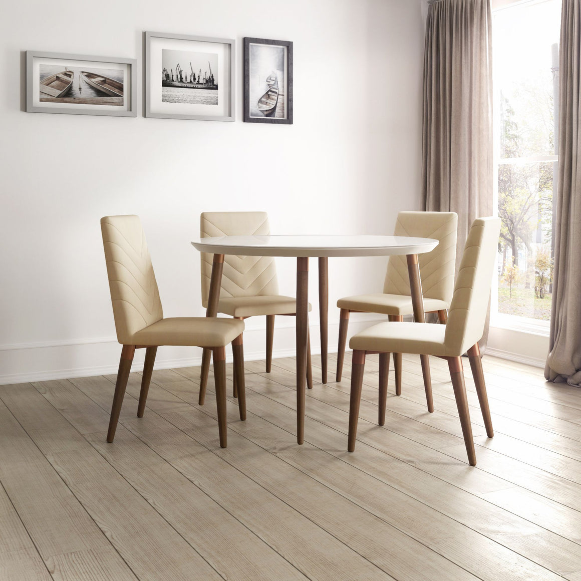 Utopia 45.28 Modern Round Dining Table with Chevron Dining Chairs in Off White and Beige - Set of 5