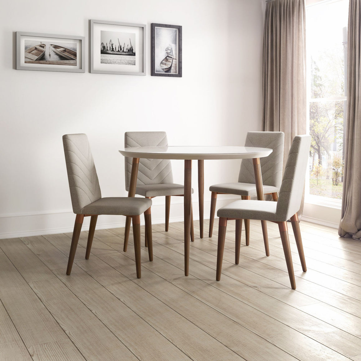 Utopia 45.28 Modern Round Dining Table with Chevron Dining Chairs in Off White and Grey - Set of 5