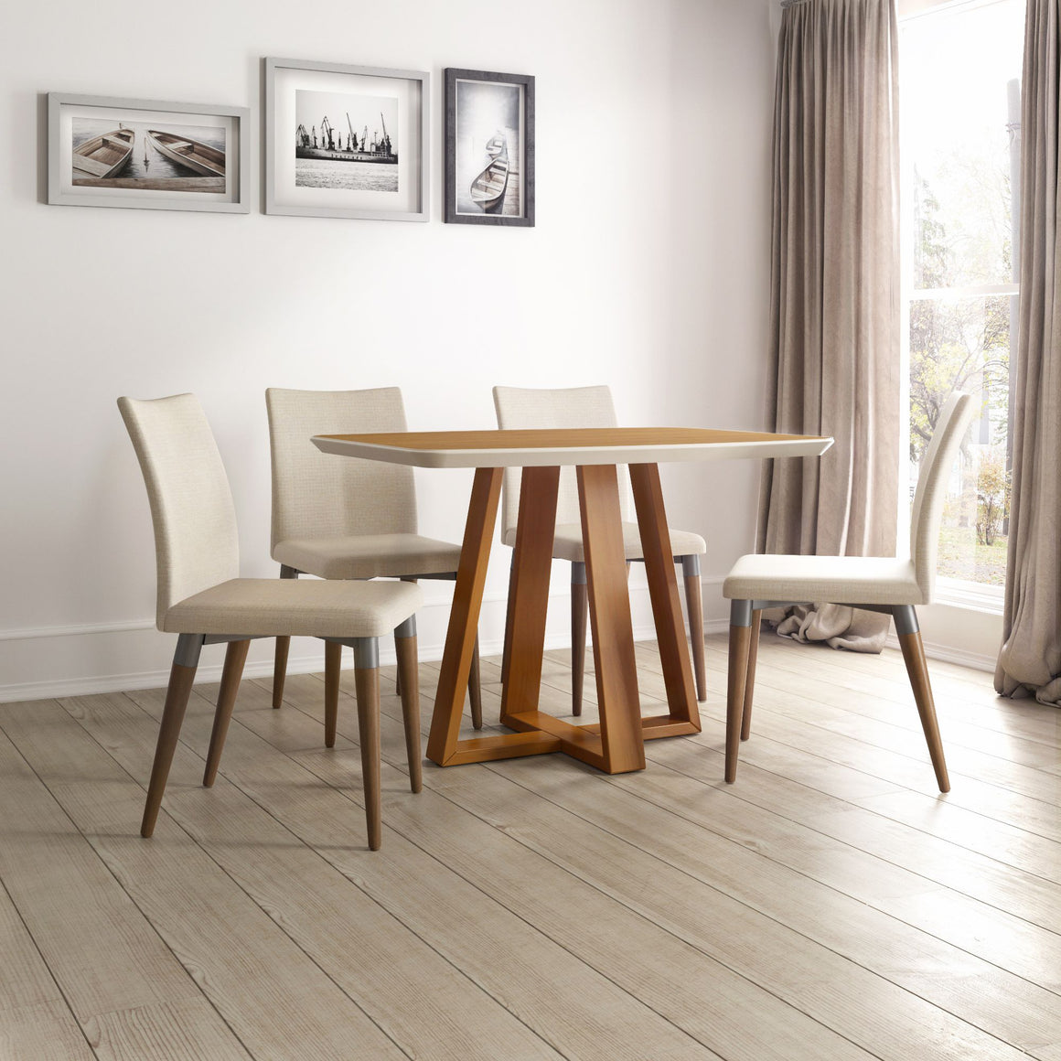 Duffy 62.99 Modern Rectangle Dining Table and Charles Dining Chair in Cinnamon Off White and Dark Beige - Set of 7