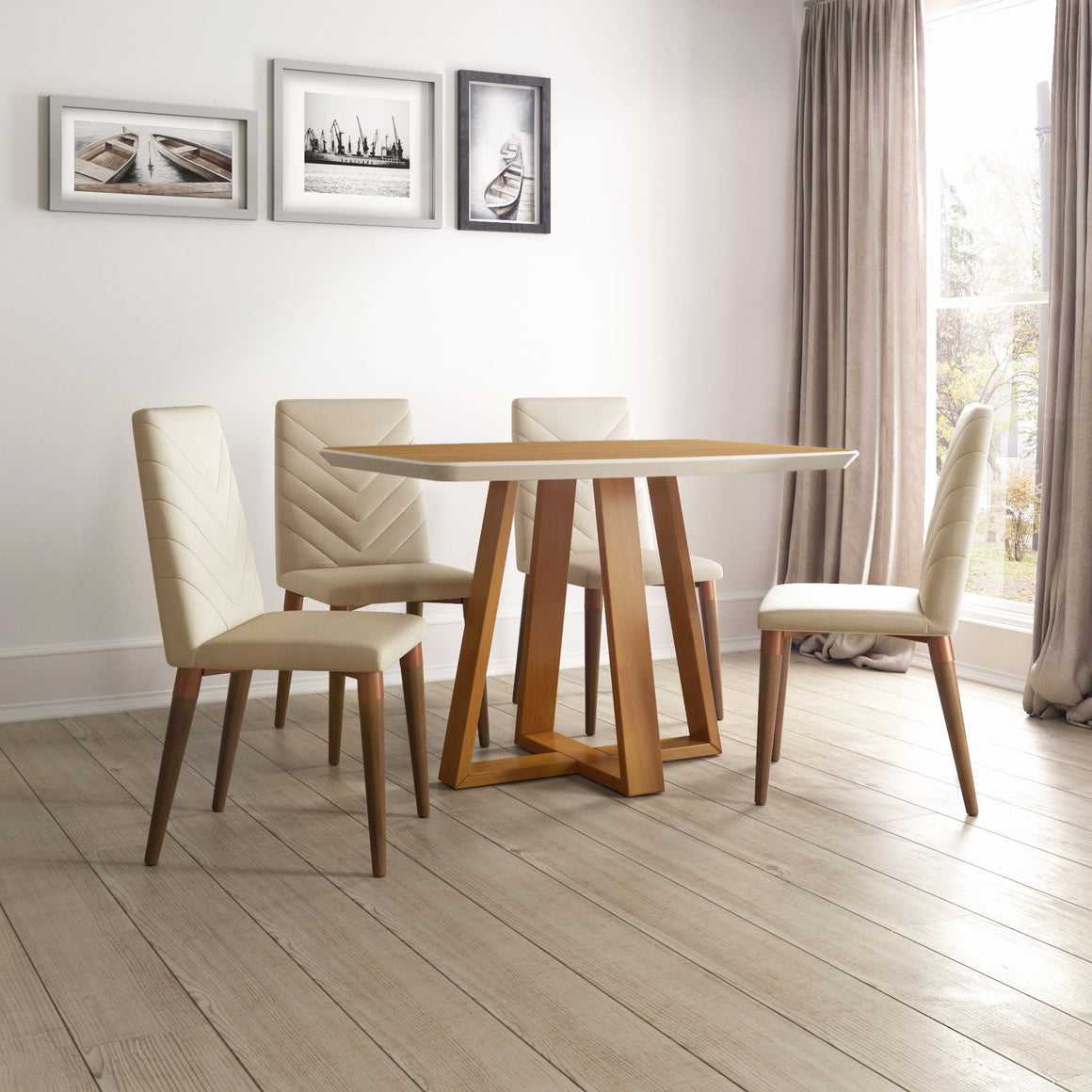 Duffy 62.99 Modern Rectangle Dining Table and Utopia Chevron Dining Chair in Cinnamon Off White and Beige - Set of 7