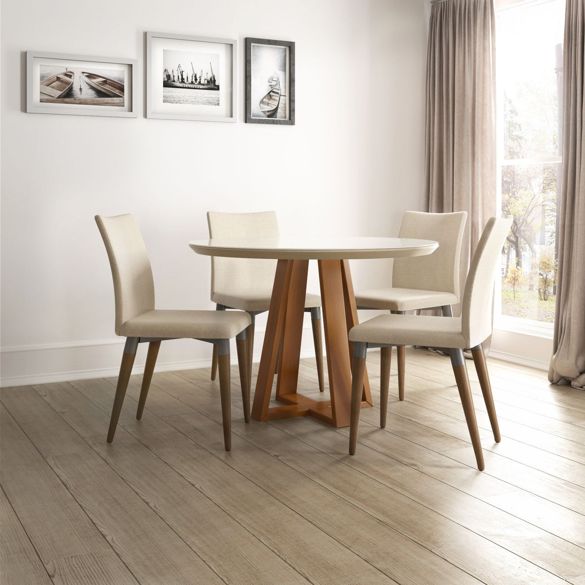 Duffy 45.27 Modern Round Dining Table and Charles Dining Chairs in Off White and Dark Beige - Set of 5