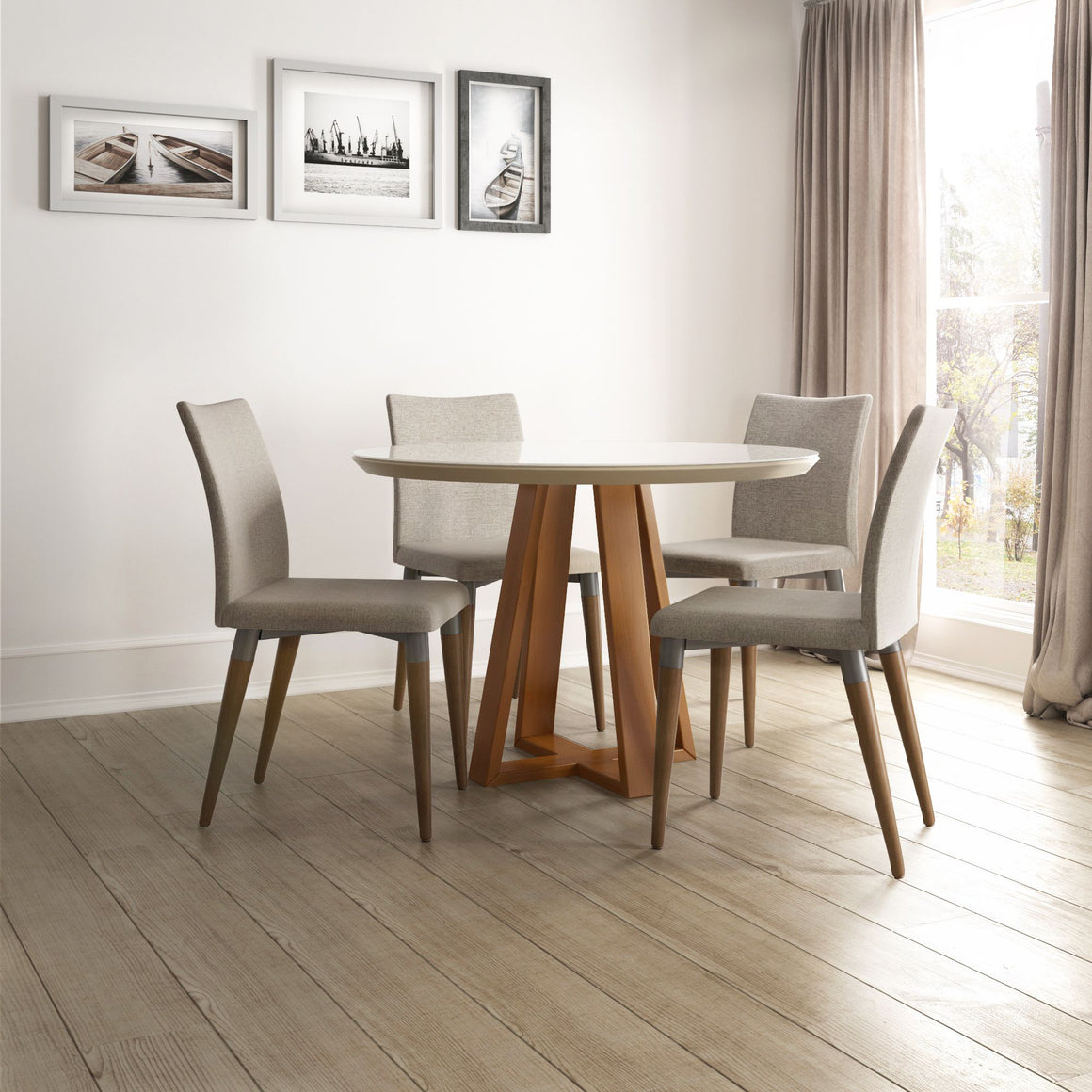 Duffy 45.27 Modern Round Dining Table and Charles Dining Chairs in Off White and Dark Grey - Set of 5