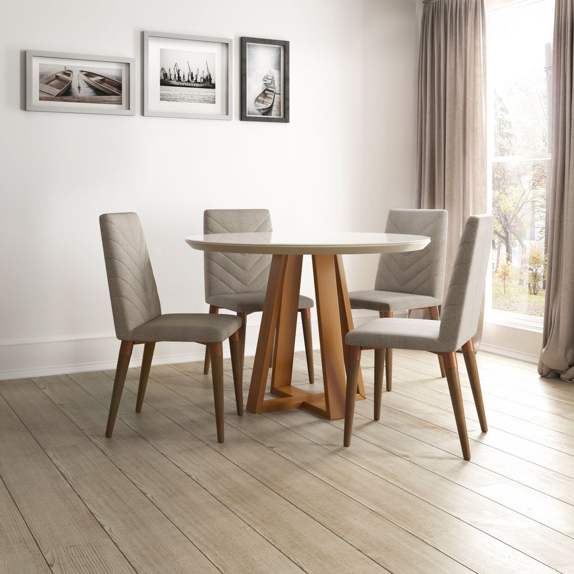 Duffy 45.27 Modern Round Dining Table and Utopia Chevron Dining Chairs in Off White and Grey - Set of 5