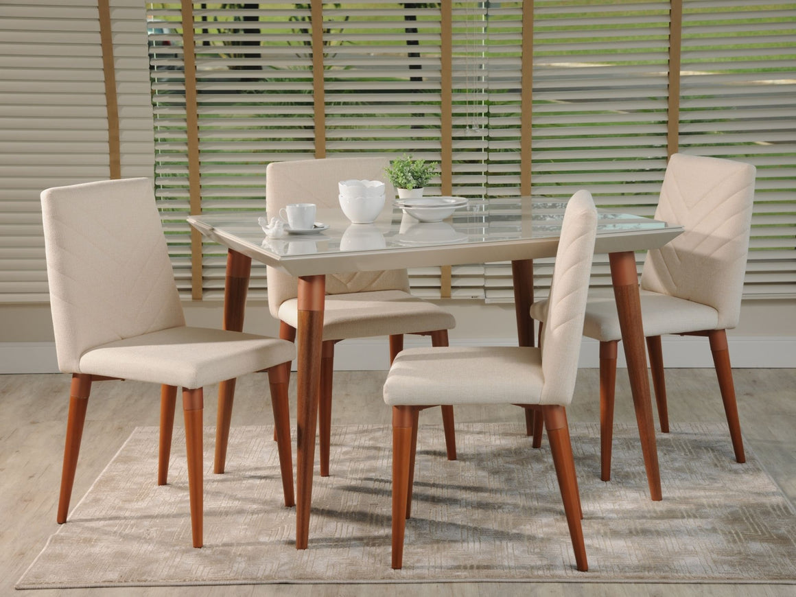 5-Piece Utopia 47.24" Dining Set with 4 Dining Chairs in White Gloss and Beige