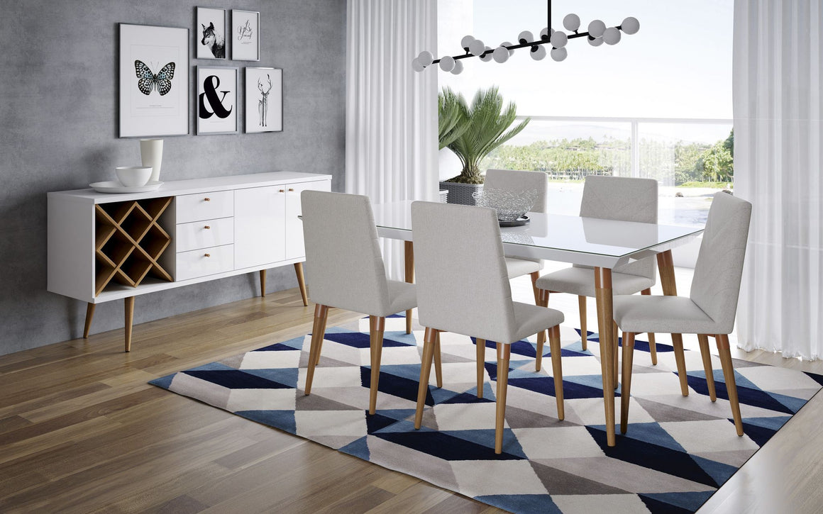 7-Piece Utopia 62.99" Dining Set with 6 Dining Chairs in White Gloss and Beige