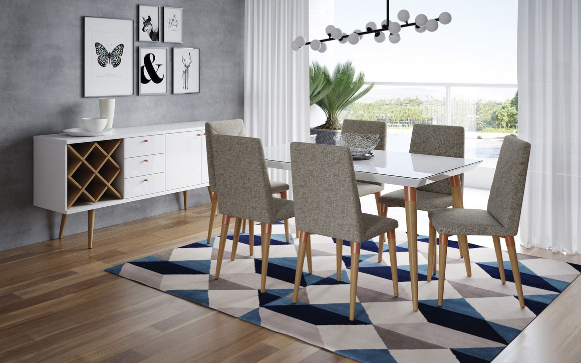 7-Piece Utopia 62.99" Dining Set with 6 Dining Chairs in White Gloss and Grey