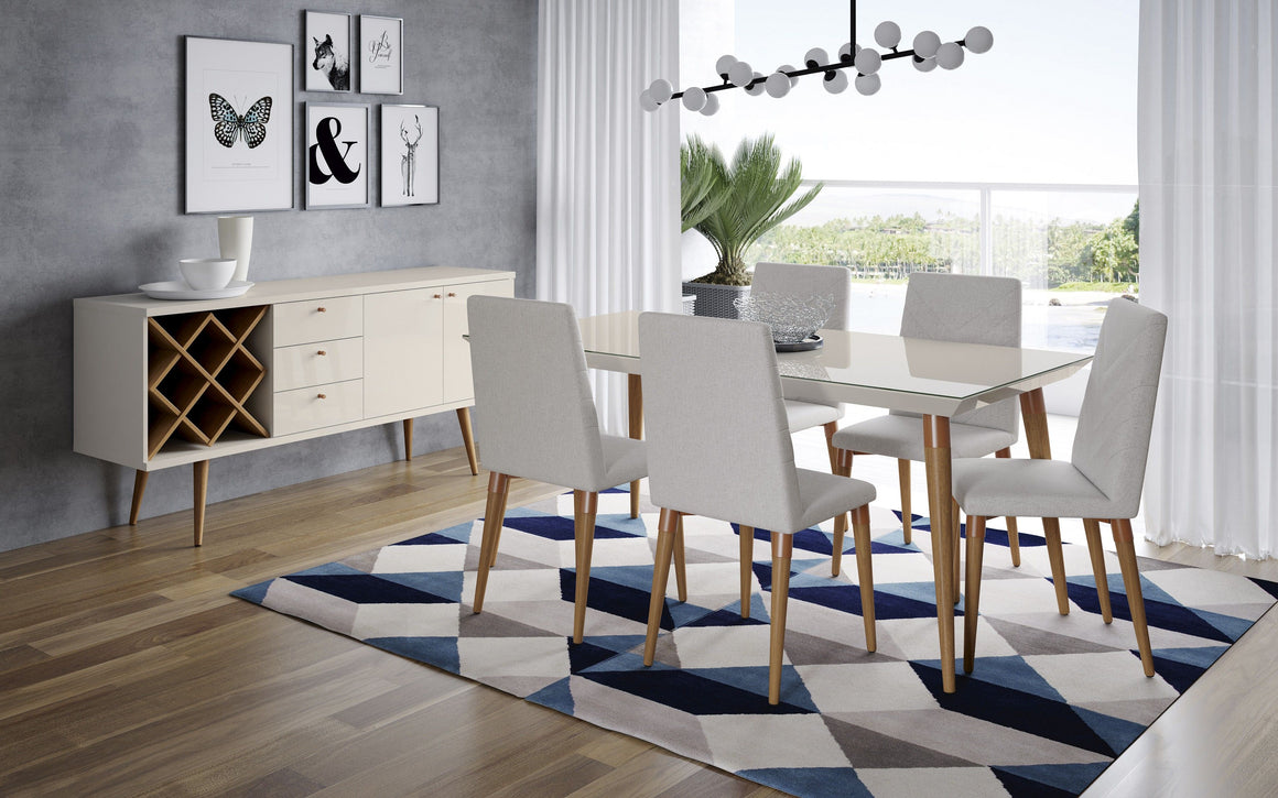 7-Piece Utopia 62.99" Dining Set with 6 Dining Chairs in Off White and Beige