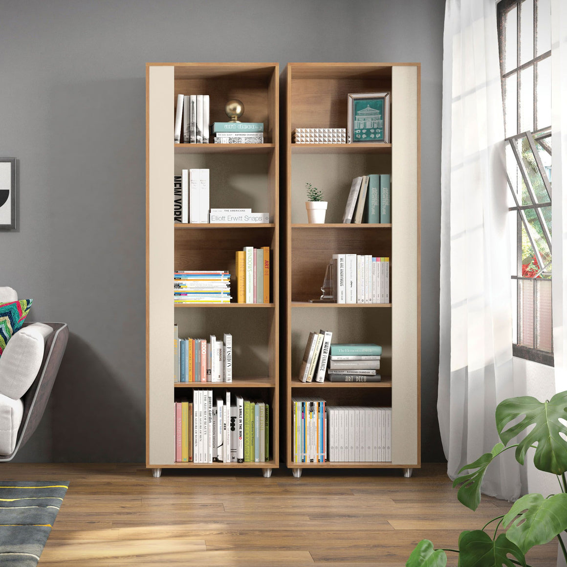 Cypress Mid-Century- Modern Bookcase with 5 Shelves- Set of 2 in Nature and Off White