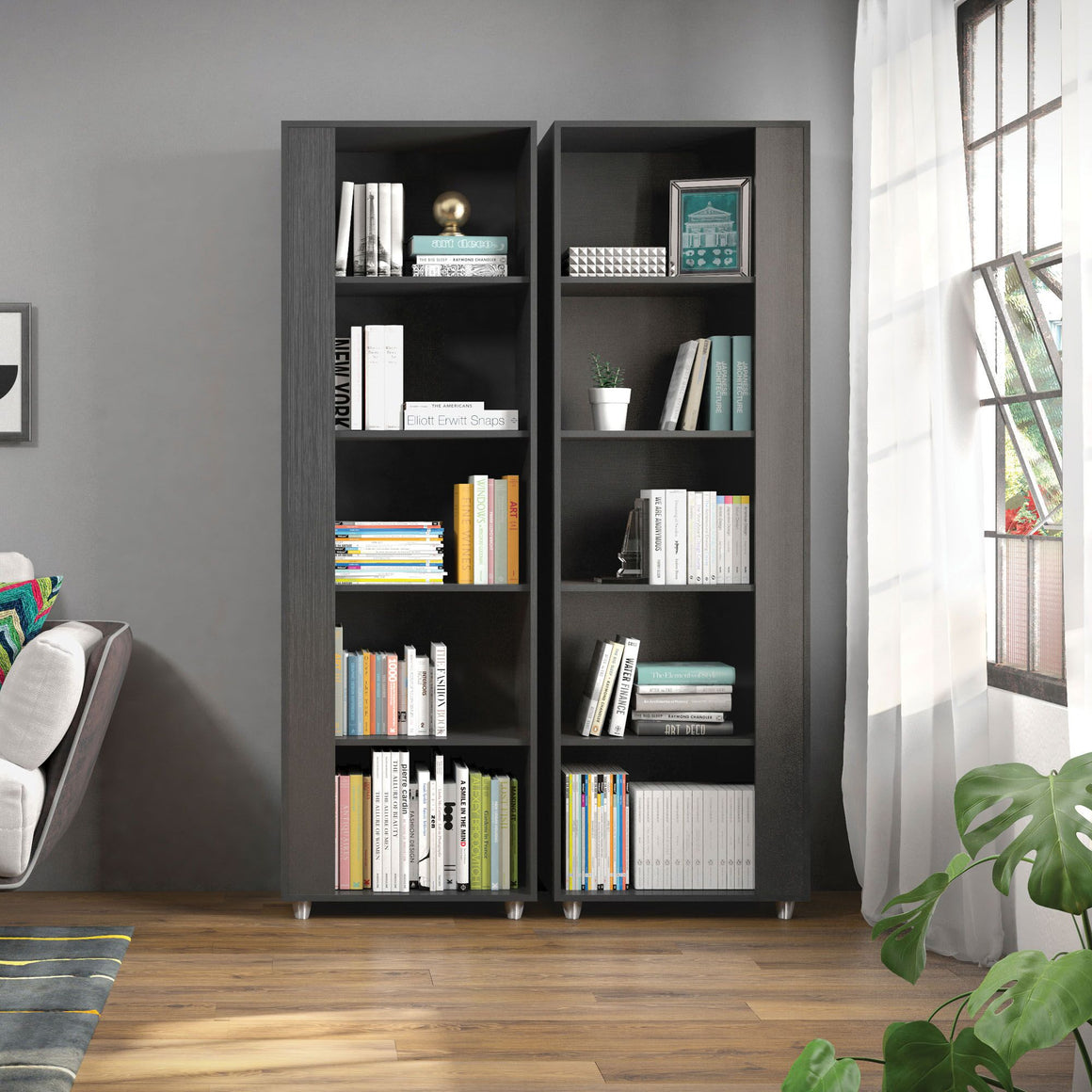 Cypress Mid-Century- Modern Bookcase with 5 Shelves- Set of 2 in Black
