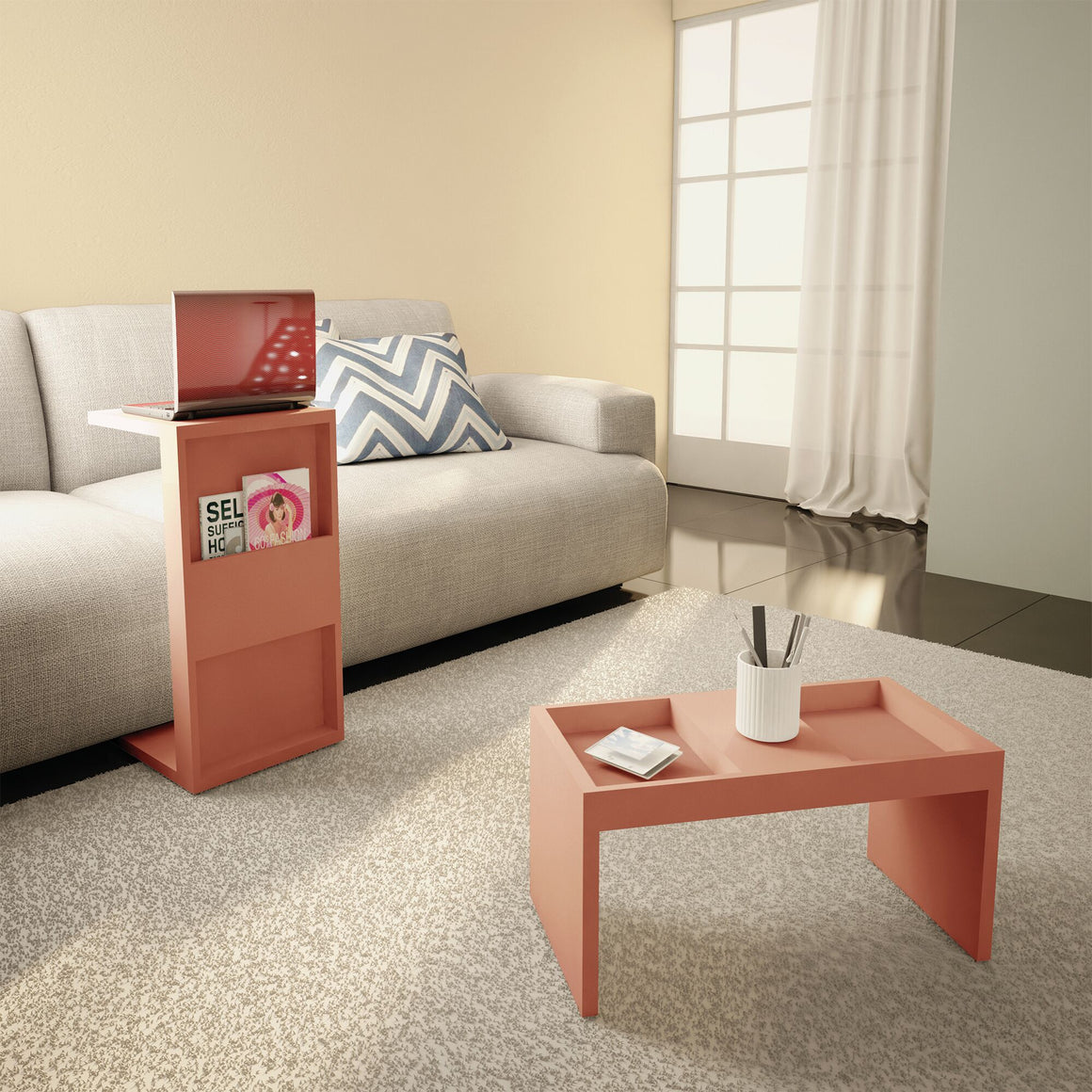 Marine Modern Accent End and Coffee Table with Magazine Shelf Set of 2 in Ceramic Pink