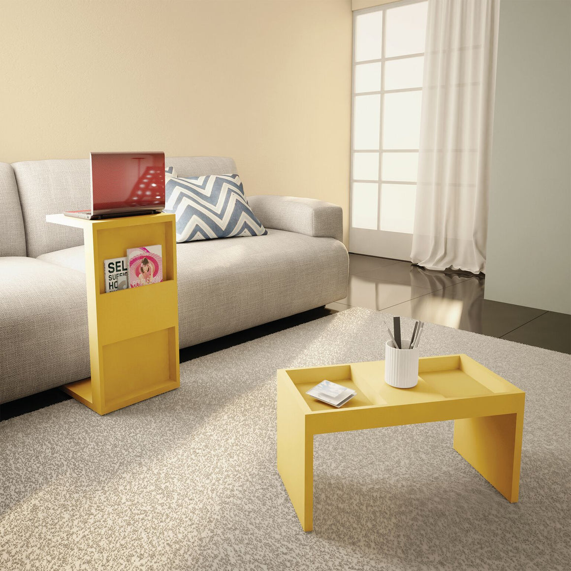 Marine Modern Accent End and Coffee Table with Magazine Shelf Set of 2 in Yellow