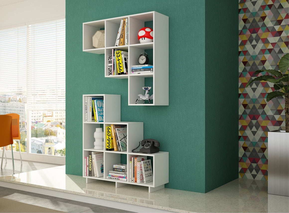 Cascavel Stair Cubby with 6 Cube Shelves in White. Set of 2