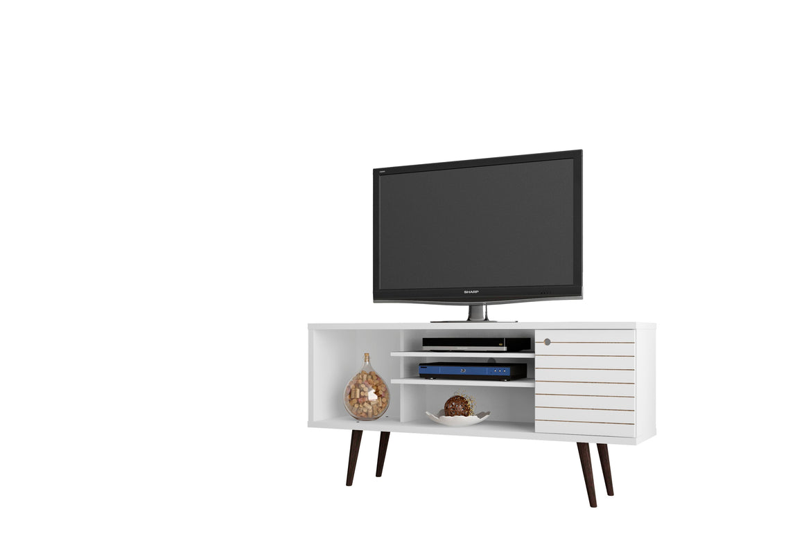 Liberty 53.14" Mid-Century - Modern TV Stand with 5 Shelves and 1 Door in White with Solid Wood Legs