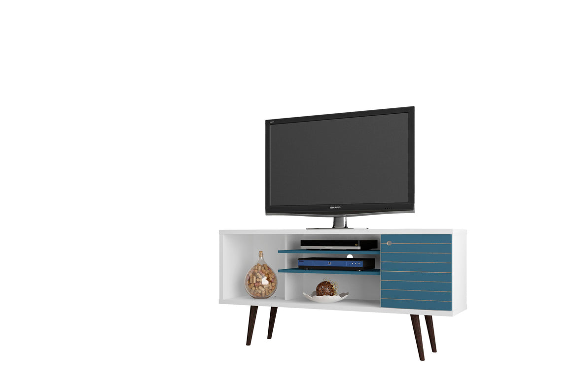 Liberty 53.14" Mid-Century - Modern TV Stand with 5 Shelves and 1 Door in White and Aqua Blue with Solid Wood Legs