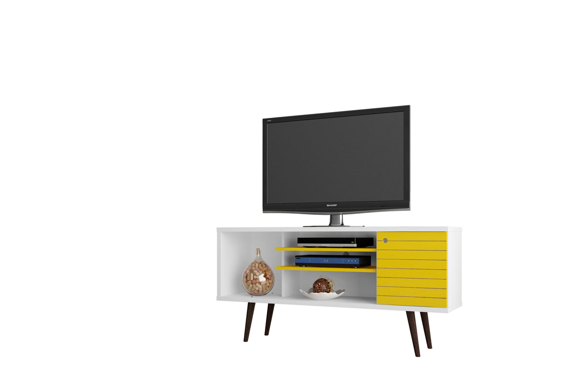 Liberty 53.14" Mid-Century - Modern TV Stand with 5 Shelves and 1 Door in White and Yellow with Solid Wood Legs
