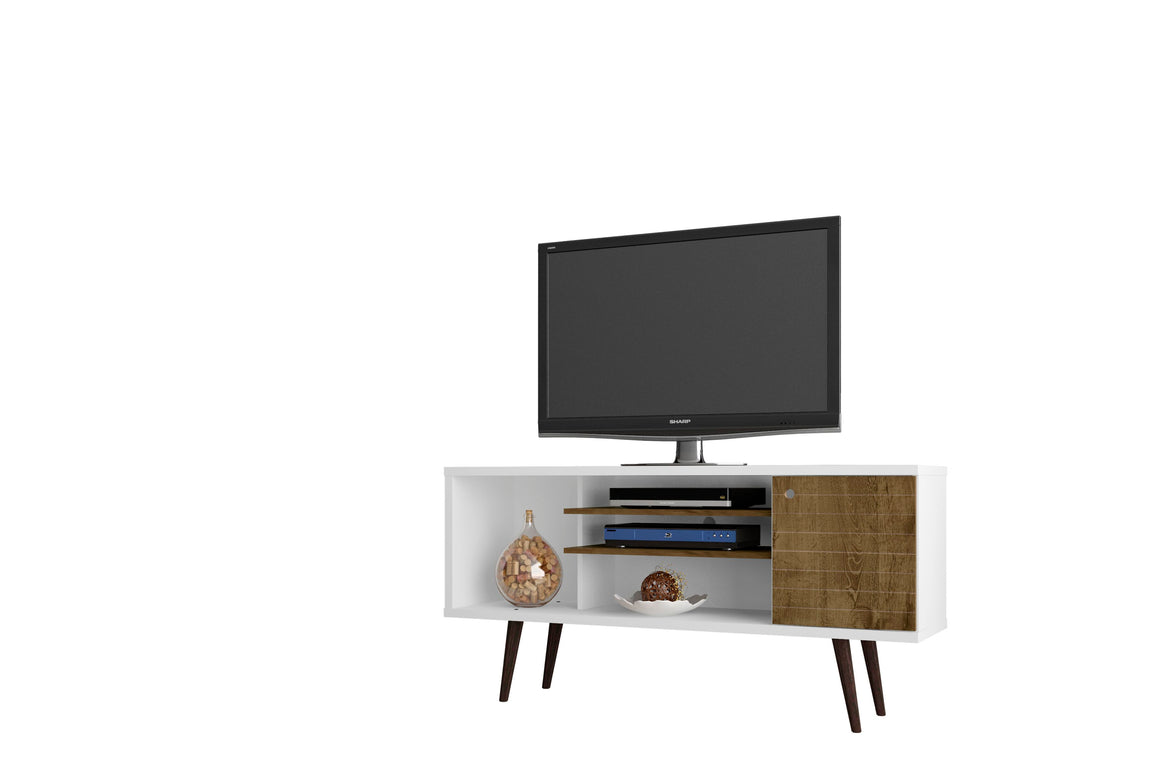 Liberty 53.14" Mid-Century - Modern TV Stand with 5 Shelves and 1 Door in White and Rustic Brown with Solid Wood Legs