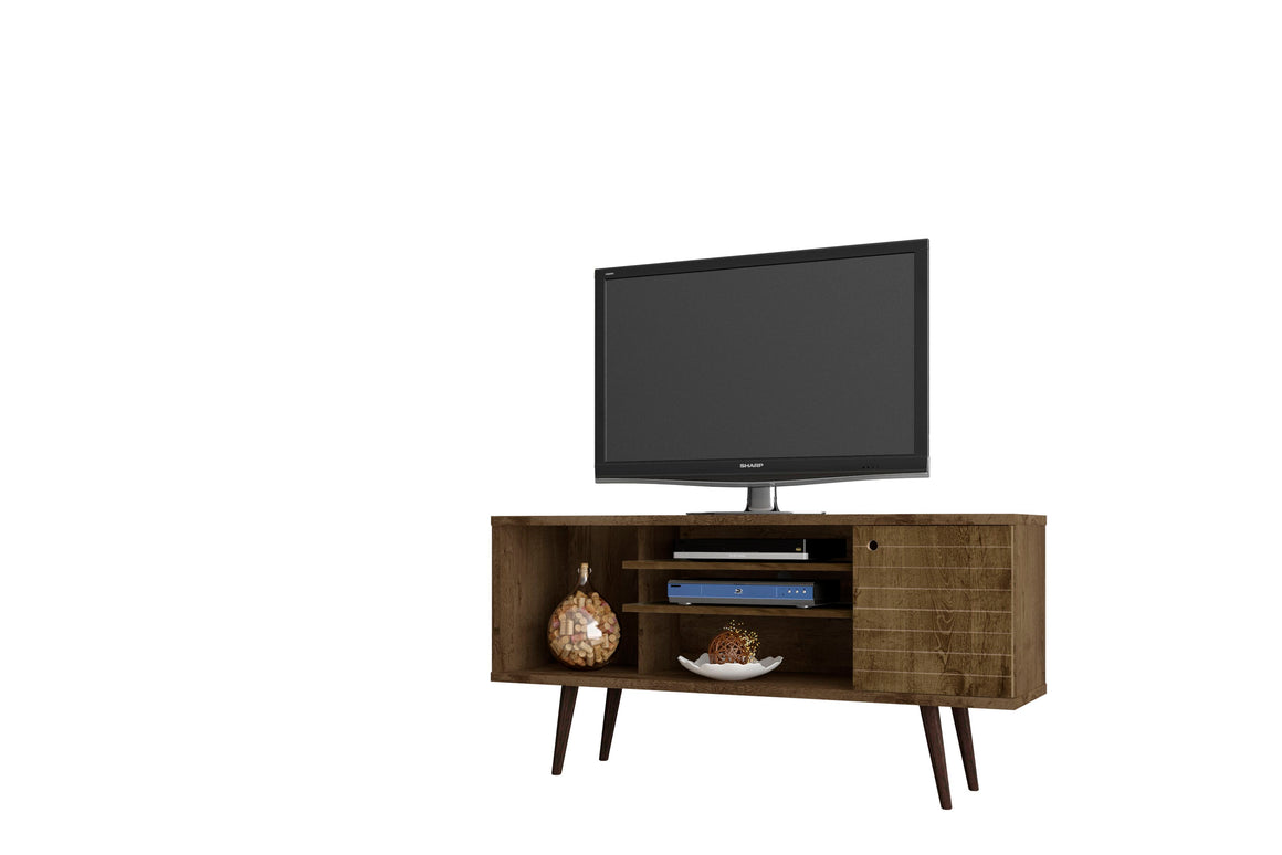Liberty 53.14" Mid-Century - Modern TV Stand with 5 Shelves and 1 Door in Rustic Brown with Solid Wood Legs
