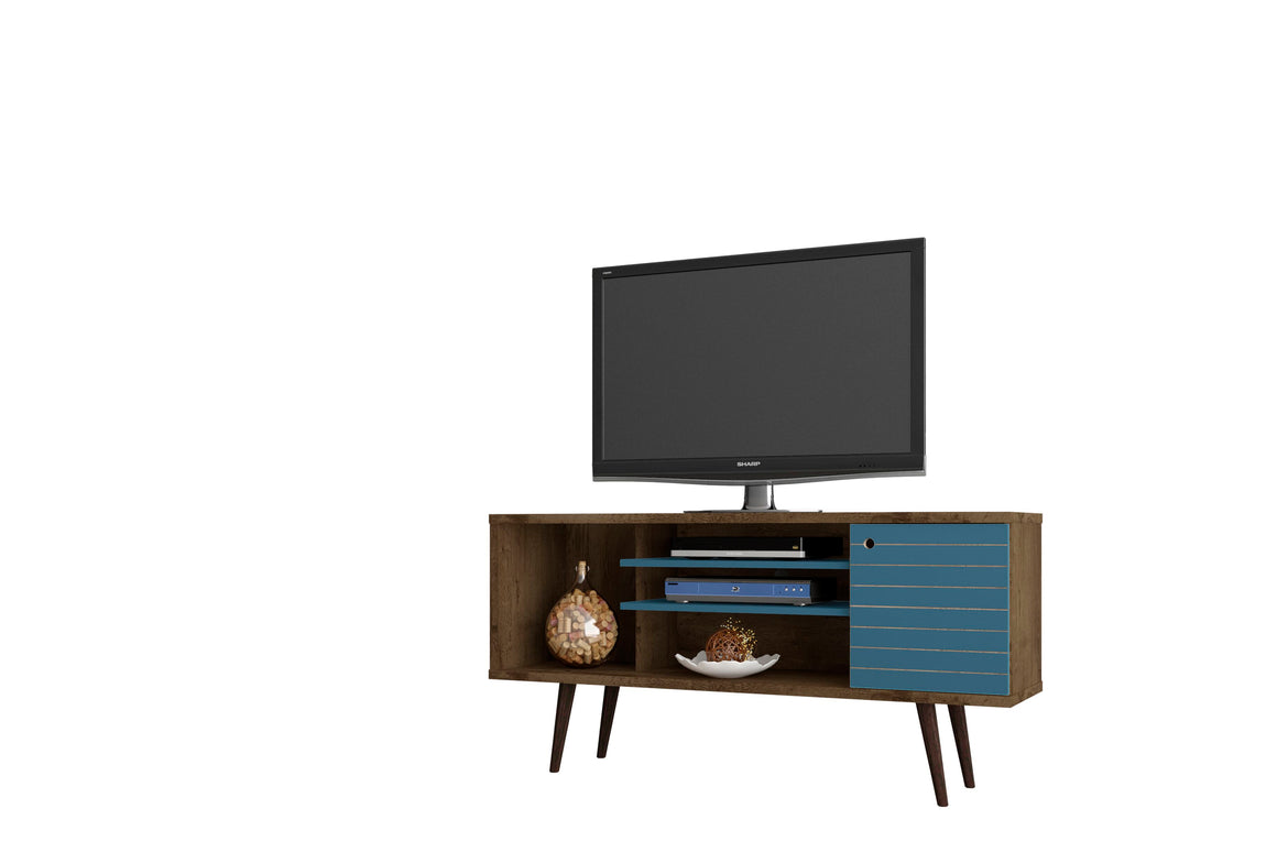 Liberty 53.14" Mid-Century - Modern TV Stand with 5 Shelves and 1 Door in Rustic Brown and Aqua Blue with Solid Wood Legs