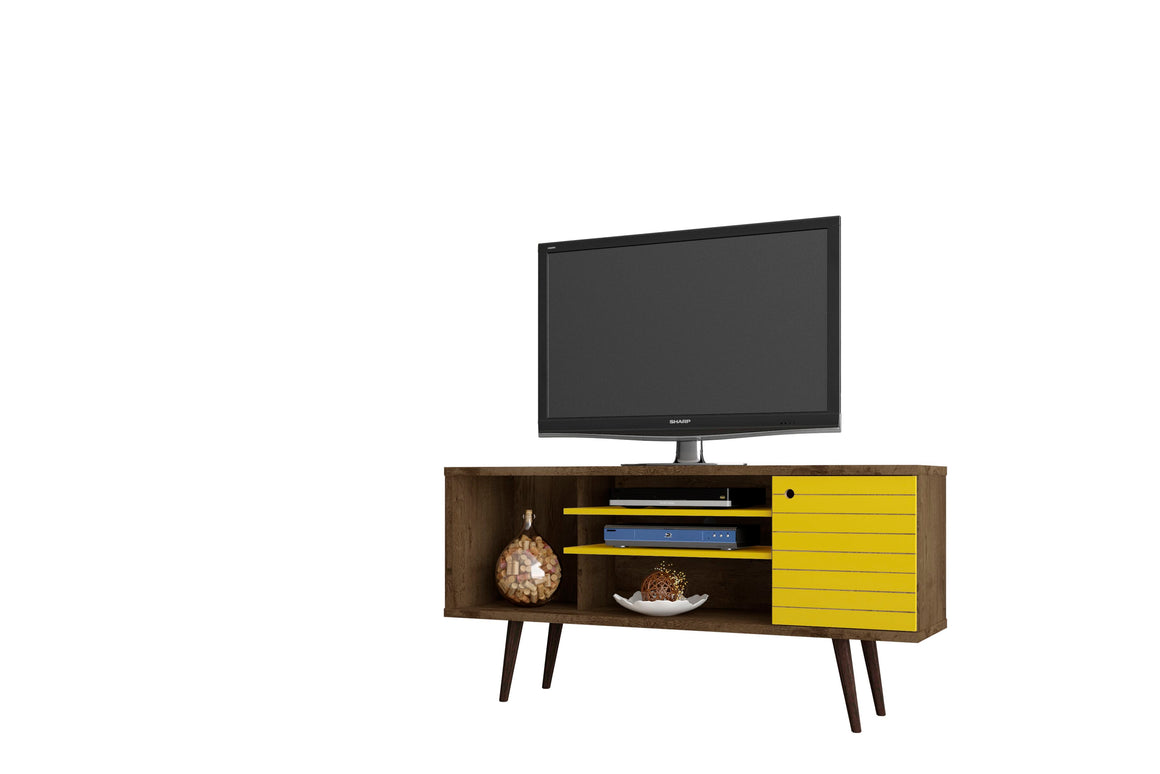 Liberty 53.14" Mid-Century - Modern TV Stand with 5 Shelves and 1 Door in Rustic Brown and Yellow with Solid Wood Legs