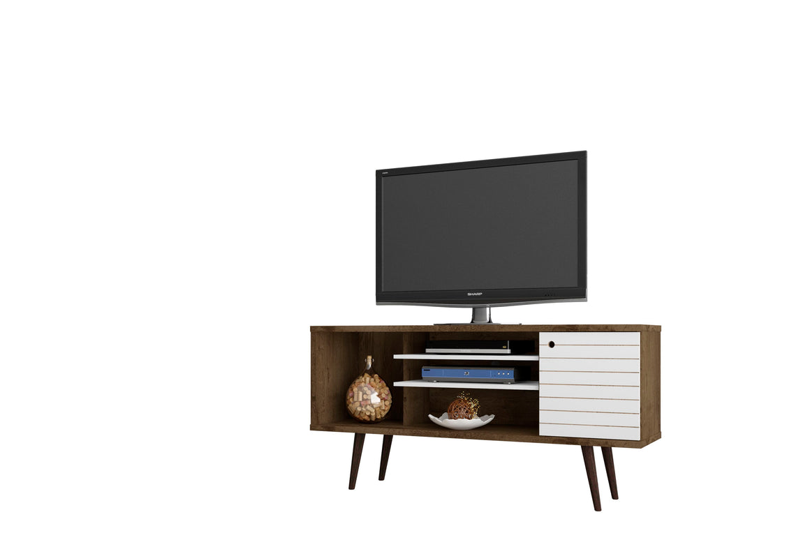Liberty 53.14" Mid-Century - Modern TV Stand with 5 Shelves and 1 Door in Rustic Brown and White with Solid Wood Legs