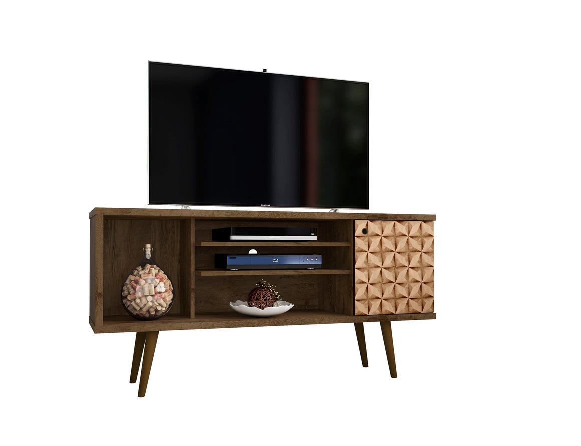 Liberty 53.14" Mid-Century - Modern TV Stand with 5 Shelves and 1 Door in Rustic Brown and 3D Brown Prints
