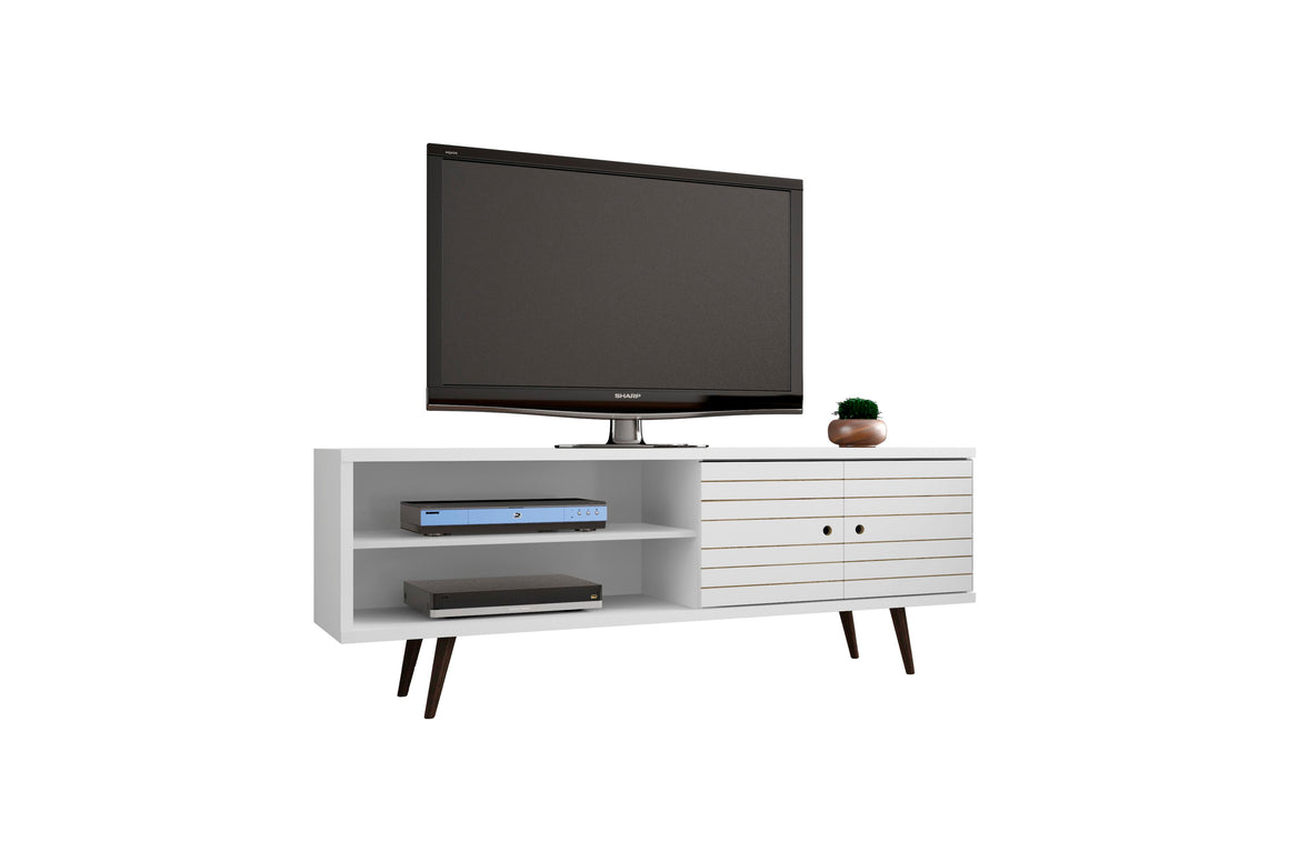 Liberty 62.99" Mid-Century - Modern TV Stand with 3 Shelves and 2 Doors in White with Solid Wood Legs