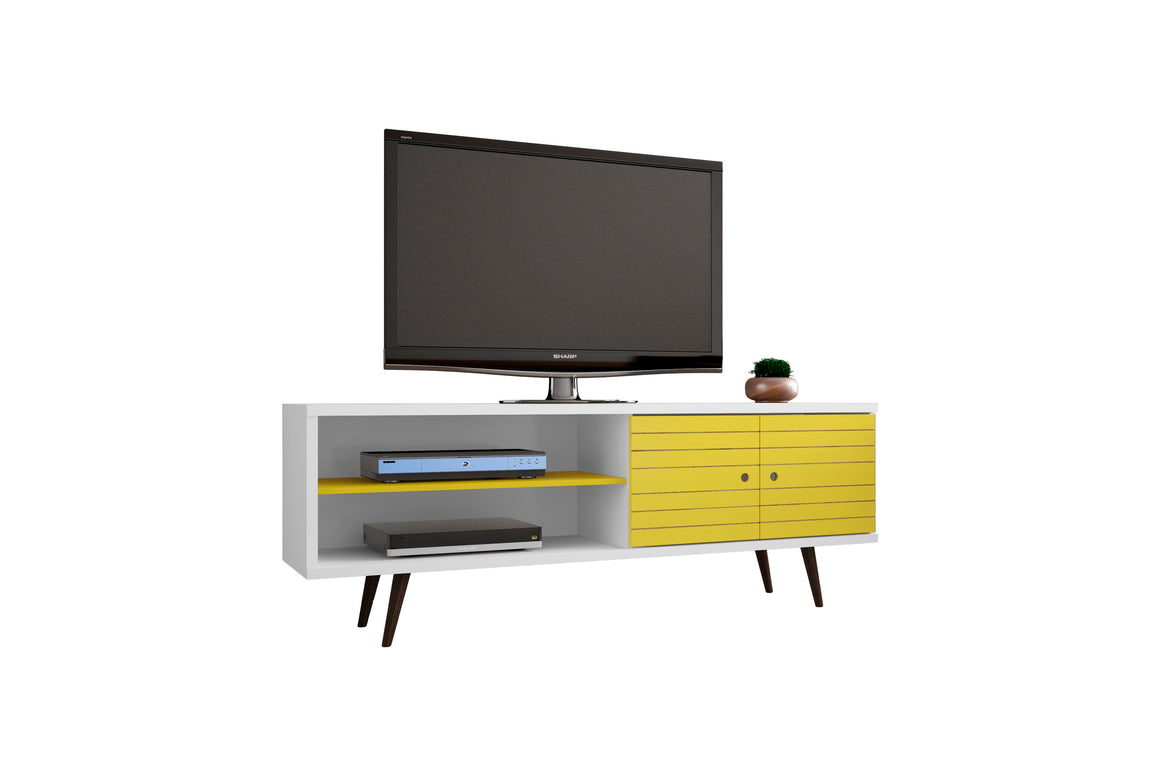 Liberty 62.99" Mid-Century - Modern TV Stand with 3 Shelves and 2 Doors in White and Yellow with Solid Wood Legs