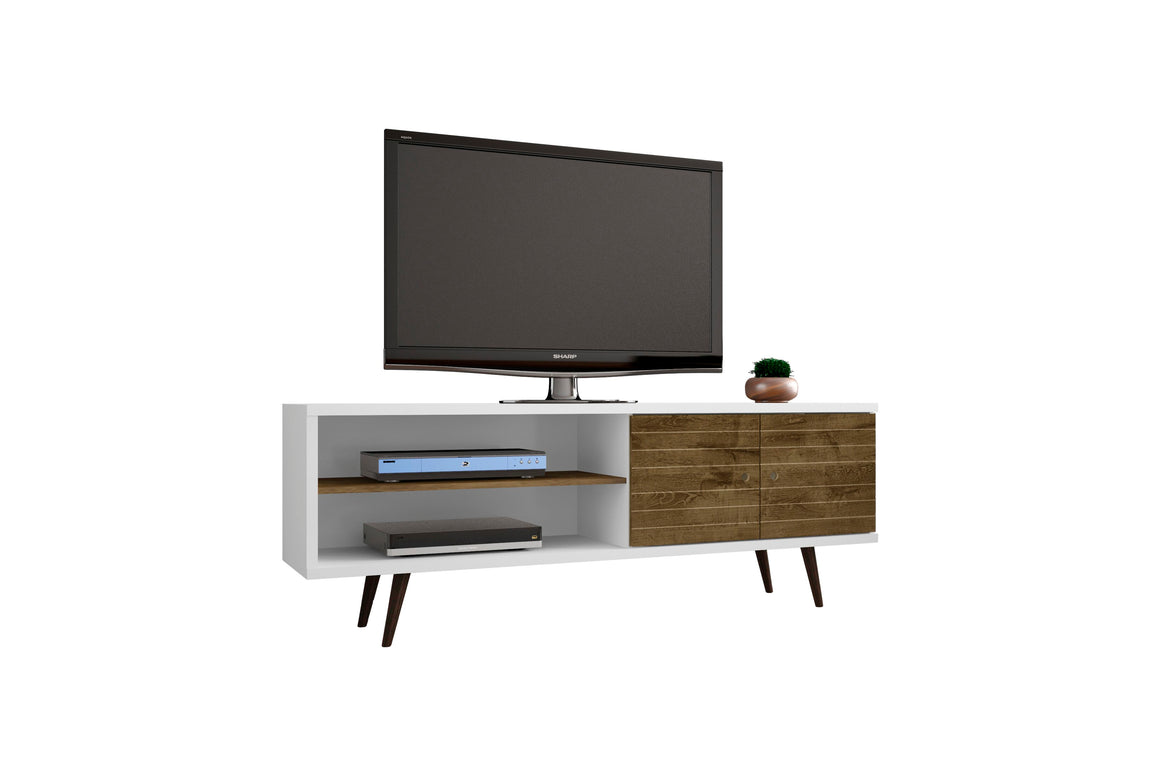 Liberty 62.99" Mid-Century - Modern TV Stand with 3 Shelves and 2 Doors in White and Rustic Brown with Solid Wood Legs