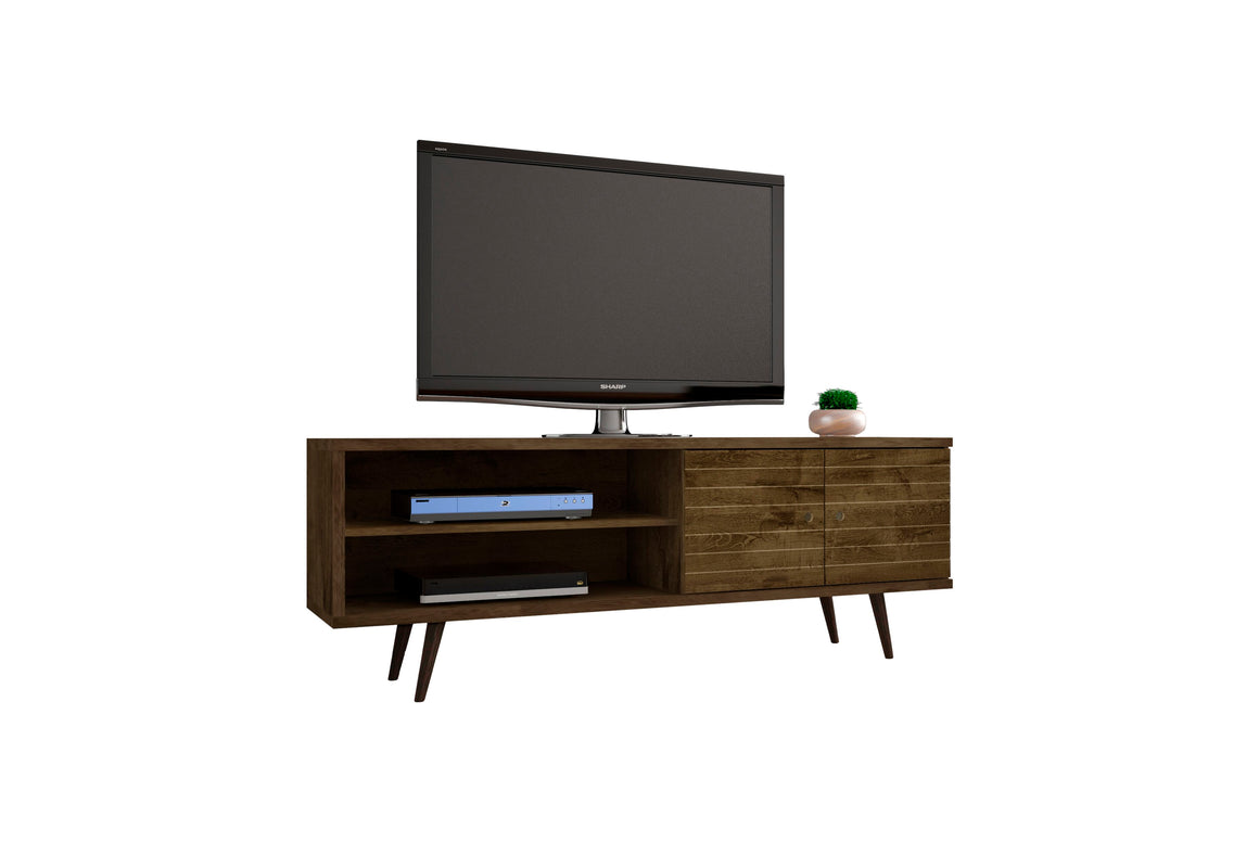 Liberty 62.99" Mid-Century - Modern TV Stand with 3 Shelves and 2 Doors in Rustic Brown with Solid Wood Legs