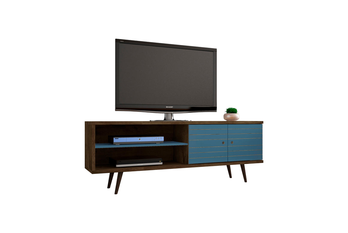 Liberty 62.99" Mid-Century - Modern TV Stand with 3 Shelves and 2 Doors in Rustic Brown and Aqua Blue with Solid Wood Legs