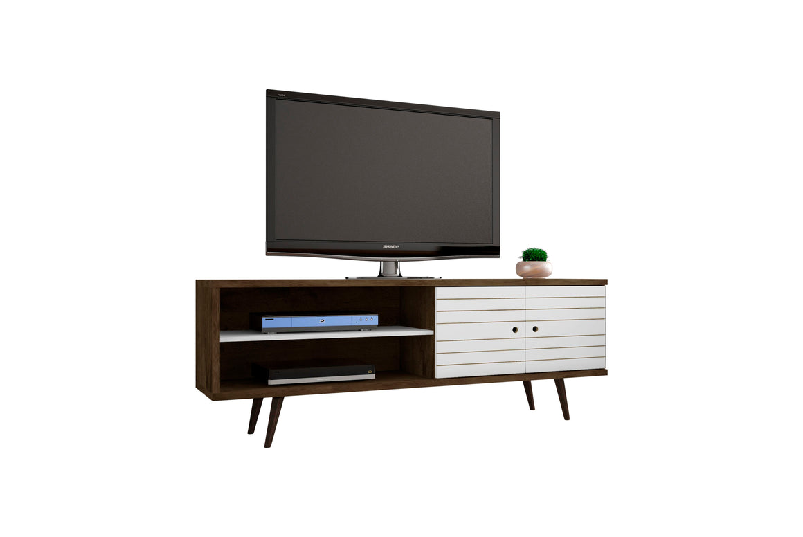 Liberty 62.99" Mid-Century - Modern TV Stand with 3 Shelves and 2 Doors in Rustic Brown and White with Solid Wood Legs