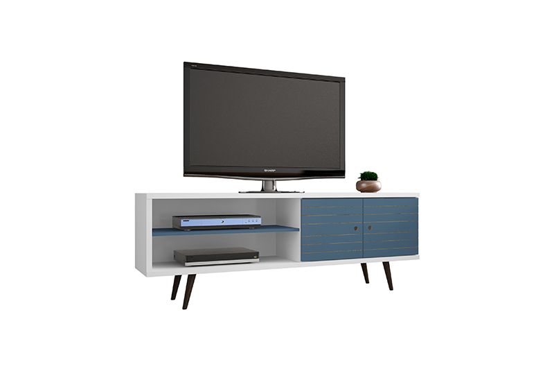 Liberty 62.99" Mid-Century - Modern TV Stand with 3 Shelves and 2 Doors in White and Aqua Blue with Solid Wood Legs