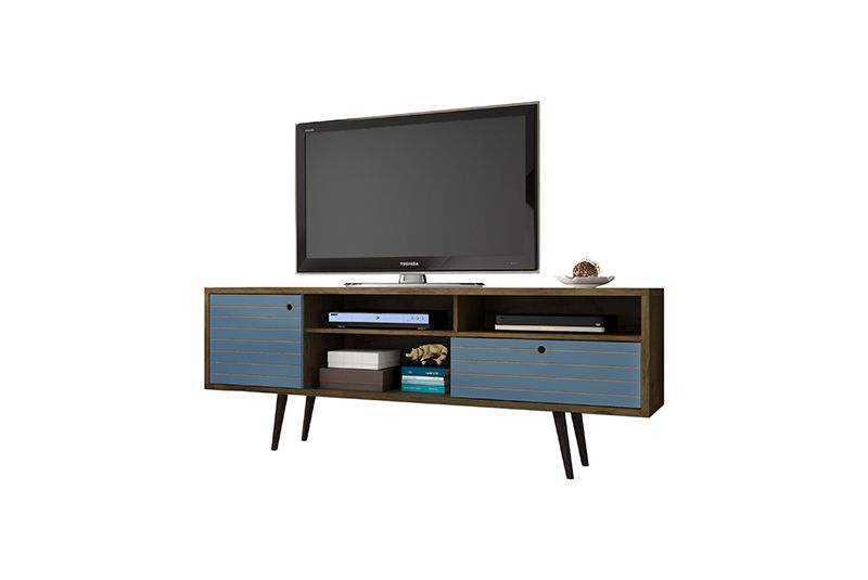 Liberty 70.86" Mid-Century - Modern TV Stand with 4 Shelving Spaces and 1 Drawer in Rustic Brown and Aqua Blue with Solid Wood Legs